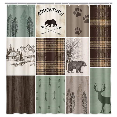 bzwcbei Cabin Retro Rustic Lodge Shower Curtain, Bear Deer Country Hunting Wild Animal Fabric Shower Curtains, Plaid Check Adventure Bathroom Curtain Liner with Hooks (69x84)