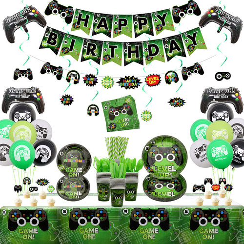 Video Game Party Supplies, Gaming Themed Birthday Party Decor for Boys and Gamer - 204Pcs Including Plates, Cups, Napkins, Tableware, Tablecloth, Cake Toppers, Hanging Swirls, Banners and Balloons Serves 20 Video Game Party Supplies, Gaming Themed Birthday Party Decor for Boys and Gamer - 204Pcs Including Plates, Cups, Napkins, Tableware, Tablecloth, Cake Toppers, Hanging Swirls, Banners and Balloons Serves 20