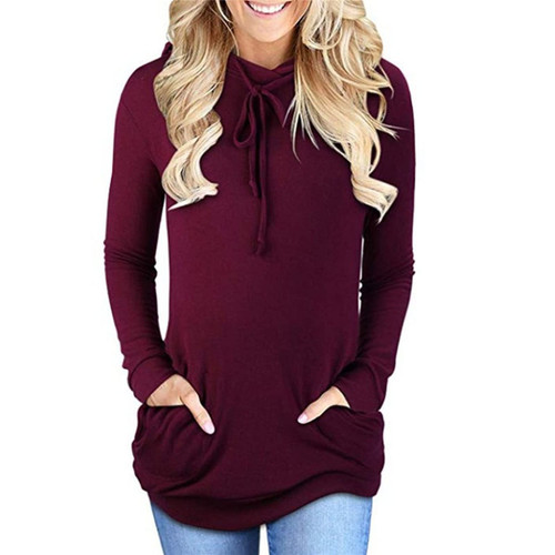 Women's Long Sleeve Hooded Pocket Hoody with Kangaroo Pockets Pullover Casual Tunic Shirts Sweatshirts (Burgundy,Large)
