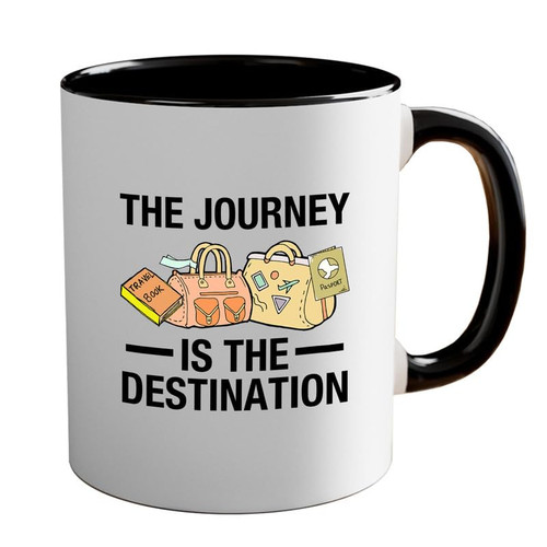 Travelling 2Tone Mug 11oz Black -The Journey is Destination - Travel Journal Trip Planner Solo Travel Backpacker Guide Couples