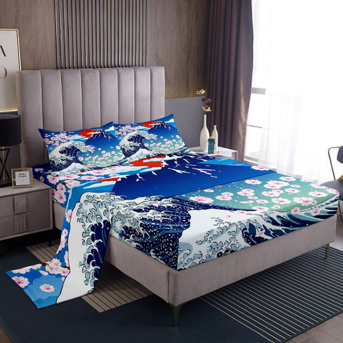 Ukiyoe Ocean Bed Sheet Set Queen Size,Japanese Style Cherry Blossom Sheets Sets Adults Bedroom Decor,Blue Mountain with Sunrise Decorative Kids Bedding Set with Flat,Fitted Sheet,2 Pillow Cases