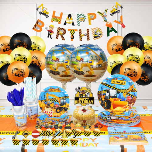 Construction Birthday Party Supplies and Decorations Plates and Napkins Cups Straws Tablecloth Happy Birthday Banner Cake&Cupcake Toppers,Latex Balloons Foil Balloons