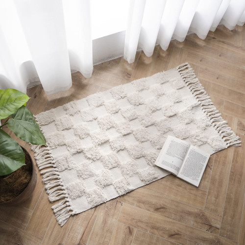 Lahome Boho Bathroom Rug, Small 2x3 Front Door Mat Checkered Beige Kitchen Throw Rug Washable Tufted Rug with Tassels, Non-Shedding Farmhouse Woven Area Rug Indoor Carpet for Bedside Table