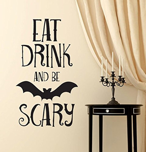 BIBITIME Halloween Vinyl Bat Decal for Wall Sticker Sayings Words EAT DRINK AND BE SCARY Quotes for Living Room Home Party PVC Decorations Art Mural Shop Showcase Decor