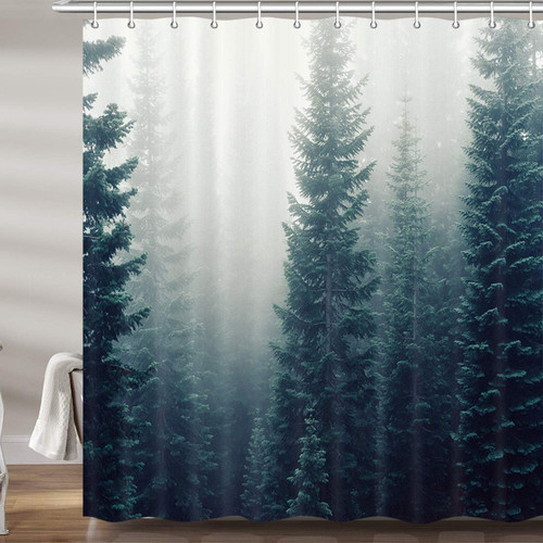 Foggy Forest Decor Shower Curtain, Rustic Fir Pine Forest Nature Mountain Landscape Upgrade Polyester Fabric Bath Curtains Bathroom Accessories, with 12PCS Hooks 69X70 Inches