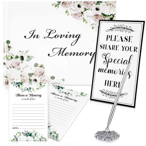 Funeral Guest Book for Memorial Service Celebration of Life Guest Book 100 Pieces Double Sided Prayer Funeral Cards Silver Signature Pen with Stand and Memory Table Sign Funeral Favors (Flower Style)