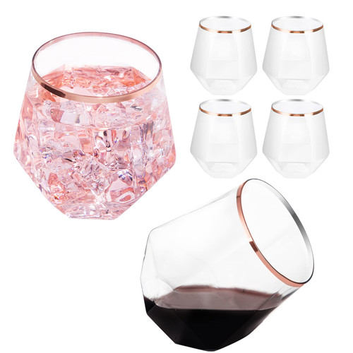 LUODA Rose Gold Diamond Shaped Plastic Stemless Wine Glasses Set of 24, Disposable 12 Oz Rose Gold Plastic Whiskey Glasses for Birthday, Housewarming and Weddings