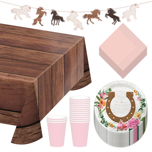 Saddle Up Horse Party Floral Horseshoe Paper Dessert Plates, Napkins, Cups, Table Cover, and Garland For Cowgirl Party Decorations (Serves 16) Saddle Up Horse Party Floral Horseshoe Paper Dessert Plates, Napkins, Cups, Table Cover, and Garland For Cowgirl Party Decorations (Serves 16)