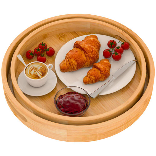 Round Serving Trays Set with Handles - Wooden Bamboo Circle Tray for Coffee Table, Food, Ottoman