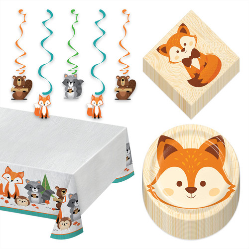 Woodland Animal Fox Party Pack - Paper Dessert Plates, Beverage Napkins, Hanging Cutouts, and Table Cover Set (Serves 16) Woodland Animal Fox Party Pack - Paper Dessert Plates, Beverage Napkins, Hanging Cutouts, and Table Cover Set (Serves 16)