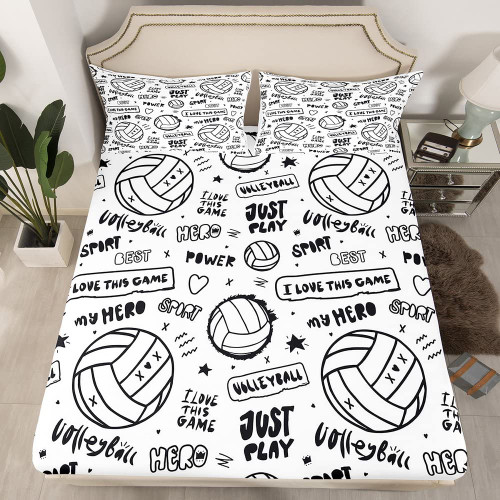 Volleyball Bed Sheet Set Sports Theme Bedding Sheet 3D Ball Fitted Sheet for Boys Girls Children Teens Bedroom Decor Competitive Games White Black Comforter Cover Twin Size With 1 Pillow Case