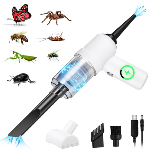 5 in 1 Handheld Vacuum and Blower Cordless Rechargeable Bug Vacuum Catcher for Insect Stink Bug Spider, Portable Vacuum Cleaner Strong Suction Bug Sucker for Car Kitchen Pet Hair, Dry & Wet Use, White