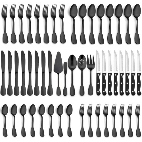 LIANYU 53-Piece Matte Black Silverware Flatware Set, with Steak Knives and Serving Utensils, Stainless Steel Flatware Cutlery Set for 8, Eating Utensils Tableware, Satin Finish, Dishwasher Safe