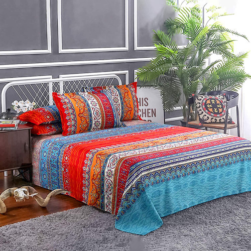 Boho Sheets Set (4 PCS) Boho Full Size Colorful Tribal Striped Bed Sheets 14" Deep Pocket Ethnic Fitted Sheet Bohemian Flat Sheets 2 Pillowcases
