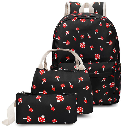 Malaxlx Mushroom Print School Backpack Set for Teen Girls Boys, Bookbags with Lunch Box Pencil Case