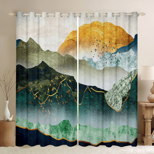 Japanese Ukiyoe Window Curtains for Bedroom Living Room Hokusai Pattern Curtains for Kids Boys Girls Watercolor Sun Mountain Window Drapes Exotic Style Decor Window Treatments 38W X 45L,2 Panels