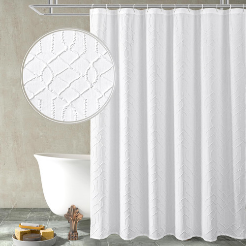 Gibelle Extra Long Shower Curtain 72 x 84, Tall 3D Embossed Textured White Fabric Shower Curtain, Modern Farmhouse Elegant Cloth Bathroom Curtains Shower Set with Hooks