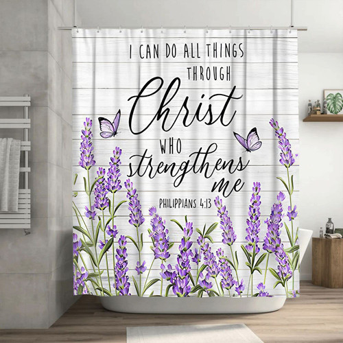 yowecso Christian Lavender Shower Curtain Purple Floral Bathroom Shower Curtains Christ Scripture Butterfly Bath Decor Waterproof Polyester Fabric with Hooks 72 x 72 Inch