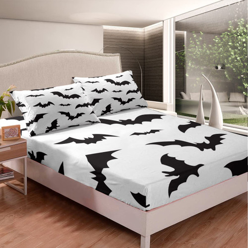 Feelyou Halloween Bats Bed Sheet Set Kids Black White Bat Fitted Sheet Kids Scary Halloween Decor Bedding Set Microfiber Trick or Treat Bed Cover Bedroom Twin Size