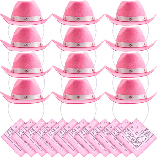12 Set Cowgirl Hats with Bandanas Party Pack Pink Cowboy Hat Costume Bandanas for Head Western Party Cowgirl Cowboy Accessories