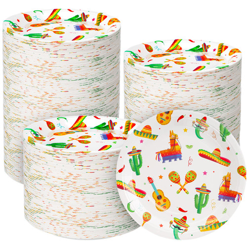200 Pieces Fiesta Paper Plates for Cinco de Mayo Party 9 Inch, Mexican Party Dessert Plates Taco Dinner Plates Party Supplies for Fiesta Tuesday Birthday Party Decorations