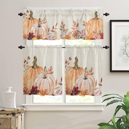 3 Piece Fall Pumpkin Kitchen Curtains, Thanksgiving Harvest Farmhouse Pumpkin Tier Curtains and Valance Set, Autumn Watercolor Pumpkin Small Window Curtain for Fall Holiday (24"L Tiers & 18"L Valance) 3 Piece Fall Pumpkin Kitchen Curtains, Thanksgiving Harvest Farmhouse Pumpkin Tier Curtains and Valance Set, Autumn Watercolor Pumpkin Small Window Curtain for Fall Holiday (24"L Tiers & 18"L Valance)