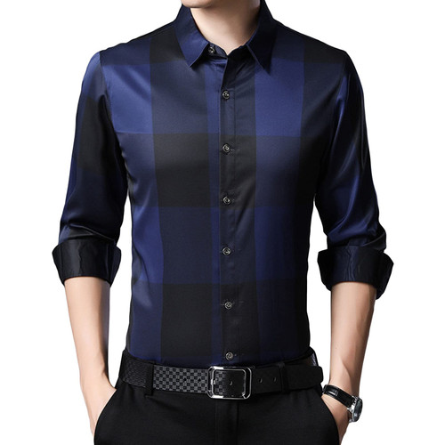 Men's Luxury Plaid Dress Shirt Long Sleeve Slim Fit Button Down Shirts Wrinkle-Free Wedding Party Business Shirt (Blue,XX-Large)