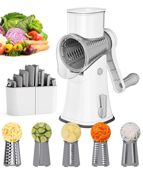 Ourokhome Rotary Cheese Grater Shredder, Multifunction 5 in 1 Kitchen Manual Speed Round Mandolin Food Slicer Vegetable Shooter Potato Hashbrown Grinder for Nut, Carrot, Radish, Cucumber, White