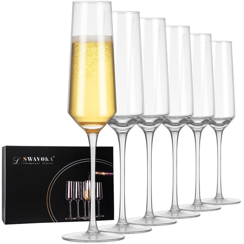 Champagne Flutes - Crystal Champagne Flutes Glasses Set of 6, 7.1 Ounce Elegant Wine Glasses Flutes with Long Stem, Premium Crystal, Hand Blown - Unique Gift for Wedding, Anniversary, Christmas, Clear