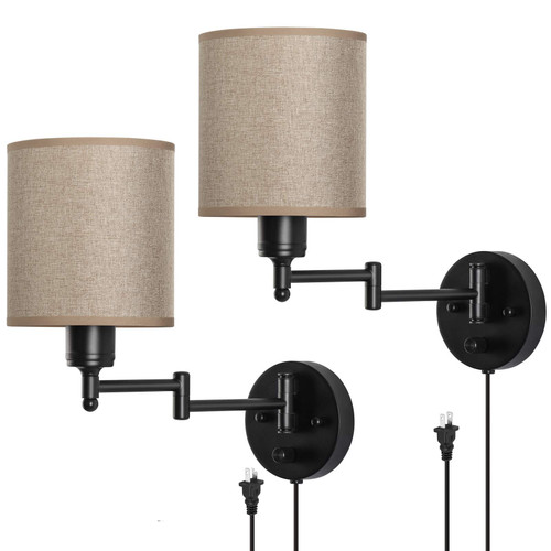 HAITRAL Wall Lamps Plug in- Swing Arm Wall Sconces with Cylindrical Fabric Shade, Plug in or Hardwired Sconce Lighting Fixtures, Wall Lamps for Bedroom,Living Room,Dorm,Office-Brown Linen HAITRAL Wall Lamps Plug in- Swing Arm Wall Sconces with Cylindrical Fabric Shade, Plug in or Hardwired Sconce Lighting Fixtures, Wall Lamps for Bedroom,Living Room,Dorm,Office-Brown Linen