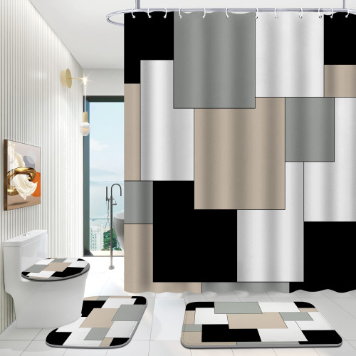 ENYORSEL Grey Bathroom Sets with Shower Curtain and Rugs, 4 Piece Geometric Bathroom Shower Curtain Set with Rugs, Incl Shower Curtain with 12 Hooks, Bath Mat, U-Shaped Floor Mat, Toilet Lid Oval Rug ENYORSEL Grey Bathroom Sets with Shower Curtain and Rugs, 4 Piece Geometric Bathroom Shower Curtain Set with Rugs, Incl Shower Curtain with 12 Hooks, Bath Mat, U-Shaped Floor Mat, Toilet Lid Oval Rug