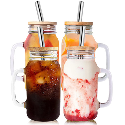 Fenspeed 4pcs Glass Cups Drinking Glasses Mason Jar with Handle Iced Coffee Cup Mason Jar Mugs Mason Jars with Lids and Straws Set 24oz Iced Coffee Glasses Tumbler Cup for Boba Smoothie Juice