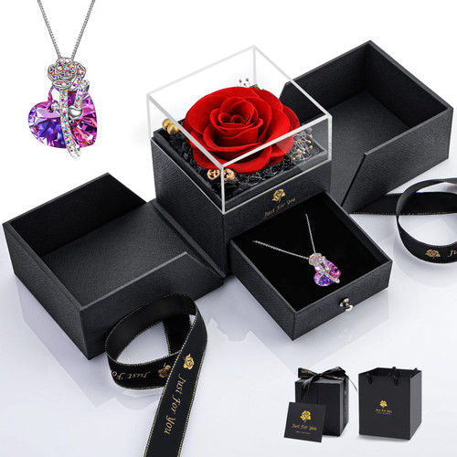 S SIVERY Rose Flower Gifts for Mom Wife - Preserved Real Red Rose with Purple Crystal Necklace for Women Gifts for Mothers Day, Christmas Day, Valentines Day, Anniversary, Birthday with Gift Cards S SIVERY Rose Flower Gifts for Mom Wife - Preserved Real Red Rose with Purple Crystal Necklace for Women Gifts for Mothers Day, Christmas Day, Valentines Day, Anniversary, Birthday with Gift Cards