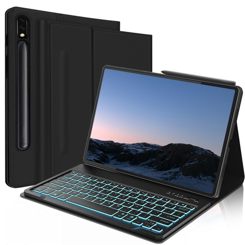 JADEMALL Samsung Galaxy Tab S7FE 5G Case with Keyboard - 12.4" S8 Plus/S7/S7+ Bluetooth Keyboard with S Pen Holder, 7-Colors Backlit, Auto Wake & Sleep, Magnetic Protective Cover, Slim & Sturdy, Black
