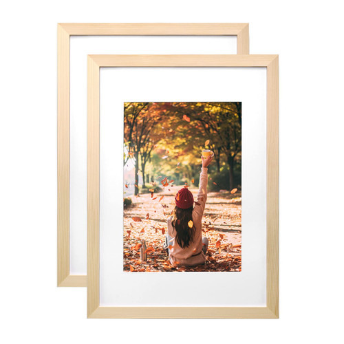 KINLINK A3 Picture Frames Natural Wood Frames with Acrylic Plexiglass for Pictures A4 with Mat or A3 without Mat Wall Mounting Display, Set of 2