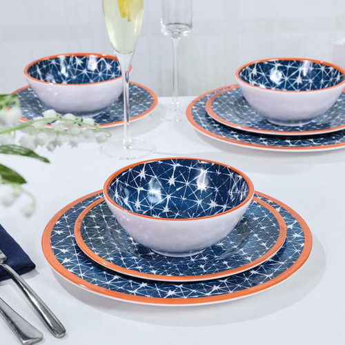 Melamine Plates and Bowls Set, 12pcs Blue Dinnerware Sets for 4, Unbreakable Camping Dishes Set, Dishwasher Safe, BPA-free