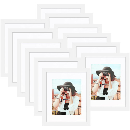 Picrit 8x10 Picture Frame Set of 12, Display 5x7 with Mat or 8x10 Without Mat, Photo Frames for Wall Mounting or Table Top Display, White.