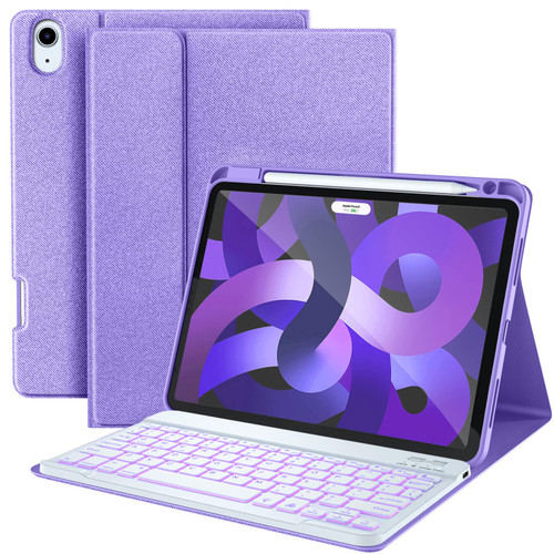 Harvopu iPad Air 5th Generation Case with Keyboard - 7 Color Backlight Detachable Keyboard Tablet Cover with Pencil Holder for iPad Air 5th Gen 2022/iPad Air 4th Gen 2020 10.9, Purple