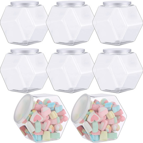 Yahenda 8 Pcs Hexagon Plastic Jars Cookie Jars with Airtight Lids Clear Candy Jar Wide Round Mouth Snacks Dog Food Candy Containers Reusable Coffee Candy Display for Gifts and Storage (30 oz)