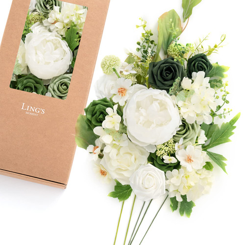 Ling's Moment Artificial Flowers and Greenery Combo Box Set for DIY Elf Green Wedding Bouquet Centerpieces Floral Arrangement Decor