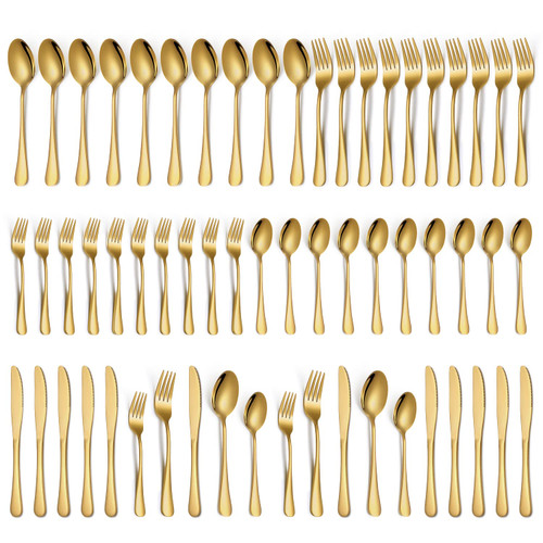 Gold Silverware Set, 60-Piece Gold Flatware Cutlery Utensils Set for 12, Stainless Steel Knives Spoons and Forks Set, Mirror Polished, Dishwasher Safe