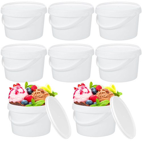 8 Pcs Clear Buckets with Lid Plastic Ice Cream Buckets with Lid and Handle Food Ice Cream Tub Food Storage Containers Round Reusable Pail for Food Drinks (White,4L)