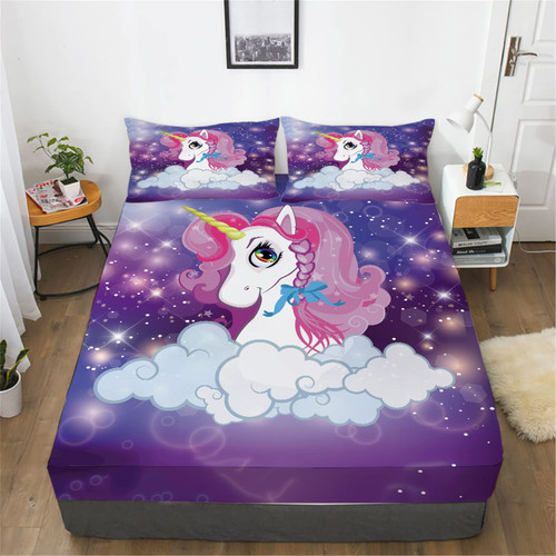 URLINENS Purple Unicorn Sheet Set Full Size 3 Piece, Glitter Stars Magic Unicorn Fitted Sheet and Pillowcase Set for Kids Girls Teens, Soft Microfiber Fun Girls Bedding Decor Unicorn Bed Sheet