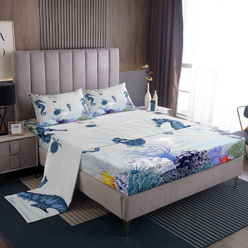 Erosebridal Seahorse Sheet Set for Kids Boys Girls,Retro Sea Turtle Tortoise Bed Sheets,Tropical Coral Bedding Set Twin,Summer Coastal Animal Fitted Sheet + Top Sheet + 1 Pillowcase Bedroom Decor