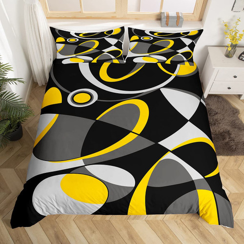 Yellow Grey Black Geometry Comforter Cover Geometric Circle Bedding Set Geometry Swirl Duvet Cover for Children Kids Boys Girls Modern Abstract Art Bedspread Cover Room Decor Bedclothes Full Size