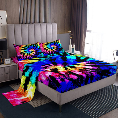 Feelyou Tie Dye Bed Sheet Set 3 Piece Twin Bedding Boho Psychedelic Sheets with 1 Pillowcase Colorful Bohemian Gypsy Fitted Sheet Ultra Soft Lightweight
