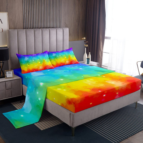 Feelyou Colorful Gliter Rainbow Bedding Fitted Sheet Kids Rainbow Bedding Sheets for Kids Boys Girls Multicolor Bed Sheets Durable Sheet Set 1 Bed Sheets with 1 Pillowcase Twin Size