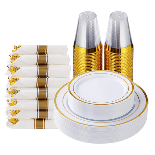 175 Piece Gold Plastic Dinnerware Set for 25 Guests, Fancy Disposable Plates for Party, Include: 25 Gold Rim Dinner Plates, 25 Dessert Plates, 25 Pre Rolled Napkins with Gold Silverware, 25 Cups