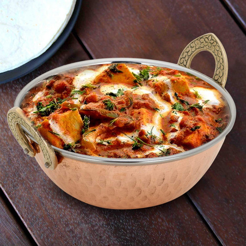 Castel Royale Set of 4, Indian Copper Serveware Karahi Vegetable Dinner Bowl with Handle for Indian Food, Diameter 6 Inches Approx Castel Royale Set of 4, Indian Copper Serveware Karahi Vegetable Dinner Bowl with Handle for Indian Food, Diameter 6 Inches Approx