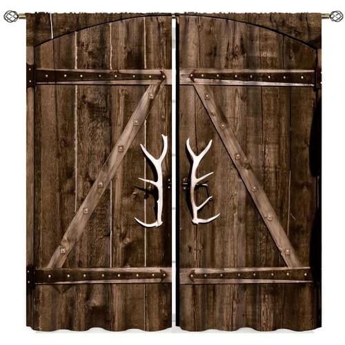 GY Wooden Barn Door Curtains Rustic Farmhouse Barnwood Brown Vintage Country Garage Gate Western Bedroom Decor Antler Printed Living Room Window Drapes Fabric 2 Panels 42 x 63 Inch